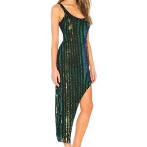 h:ours NWT Revolve Zafiro Sequin Green Iridescent Asymmetric Hem Midi Dress